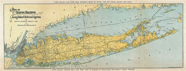 Map of Long Island showing the Long Island Railroad System and Montauk Steamboat Company Lines. - Main View