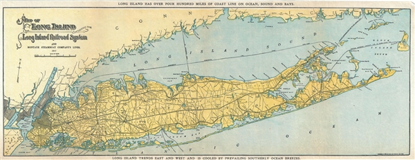 Map of Long Island Showing the Long Island Railroad System and Montauk Steamboat Company Lines. - Main View