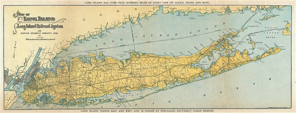 Map of Long Island showing the Long Island Railroad System and Montauk Steamboat Company Lines. - Main View