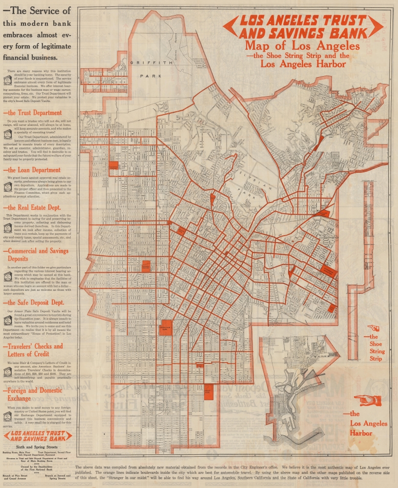 Map of Los Angeles City, also a District Map showing Automobile Roads, etc. - and a Map of the 1915 Exposition Trail / Map of Los Angeles, the Shoe String Strip and the Los Angeles Harbor. - Main View
