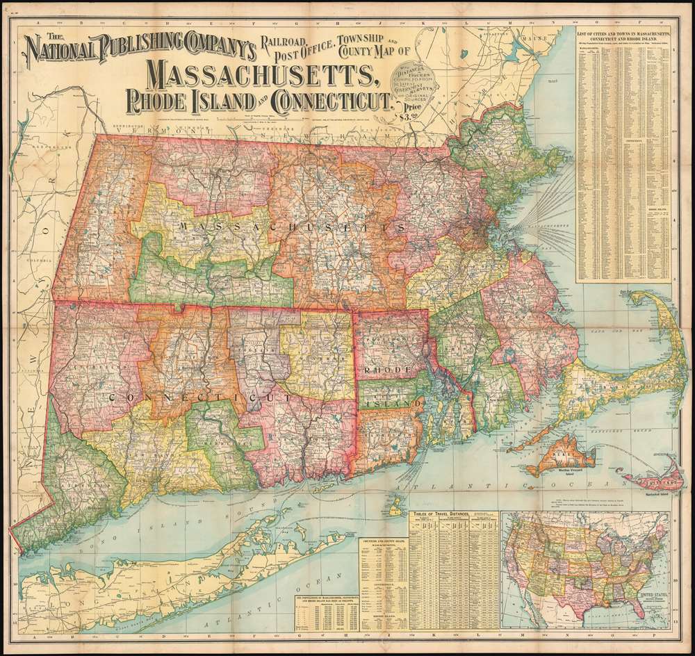 The National Publishing Company's Railroad, Post Office, Township and County Map of Massachusetts, Rhode Island and Connecticut. - Main View