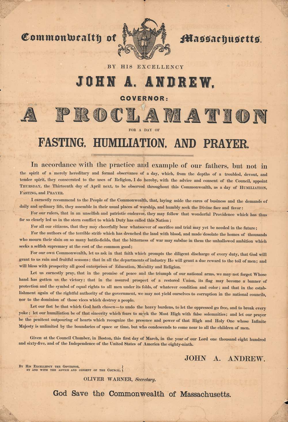 Commonwealth of Massachusetts; By his excellency John A. Andrew, Governor : a proclamation for a day of fasting, humiliation, and prayer... - Main View
