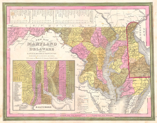 A New Map of Maryland and Delaware with their Canals, Roads & Distances. - Main View