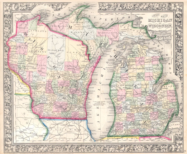 County Map of Michigan and Wisconsin. - Main View