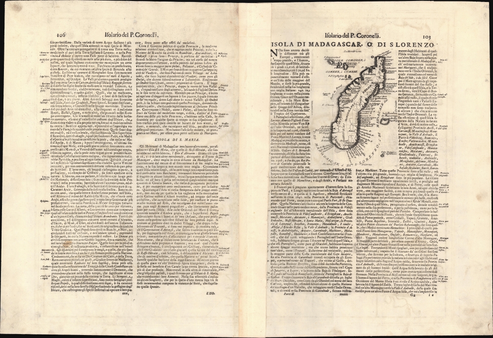 Isola di Madagascar, o di S. Lorenzo scoperta da Portoghesi nell'Anno 1506, Descritta dal P. Mrō Coronelli M.C. Cosmografo della Seren.ma Rep: Di Venetia, Dedicata All' Ill.mo Sigr. Antonio Magliabecchi, Bibliotecario dell' A. Serenissima Del Gran Duca di Toscana. - Alternate View 1