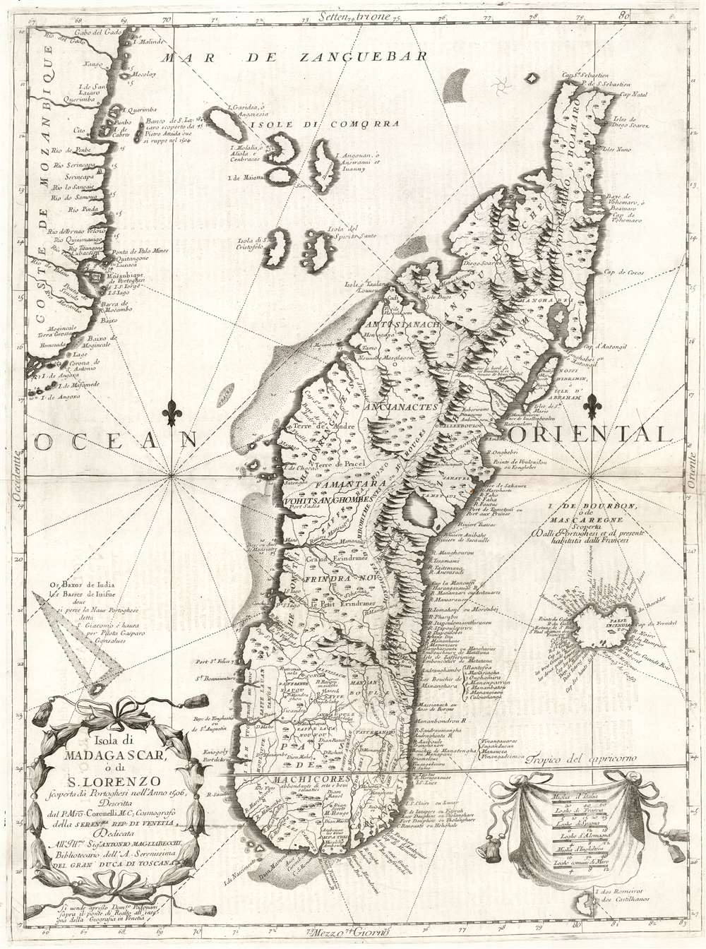 Isola di Madagascar, o di S. Lorenzo scoperta da Portoghesi nell'Anno 1506, Descritta dal P. Mrō Coronelli M.C. Cosmografo della Seren.ma Rep: Di Venetia, Dedicata All' Ill.mo Sigr. Antonio Magliabecchi, Bibliotecario dell' A. Serenissima Del Gran Duca di Toscana. - Main View