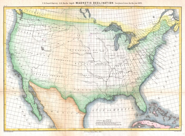 Magnetic Declination Isogonic Lines for the year 1870 (Variations of the Compass) - Main View