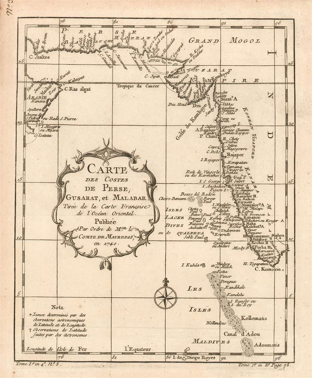 Carte des Costes de Perse, Gusarat et Malabar: Tirée de la Carte Françoise de l'Océan Oriental; Publiée Par Ordre de MGR. le Comte De Maurepas, en 1740. - Main View