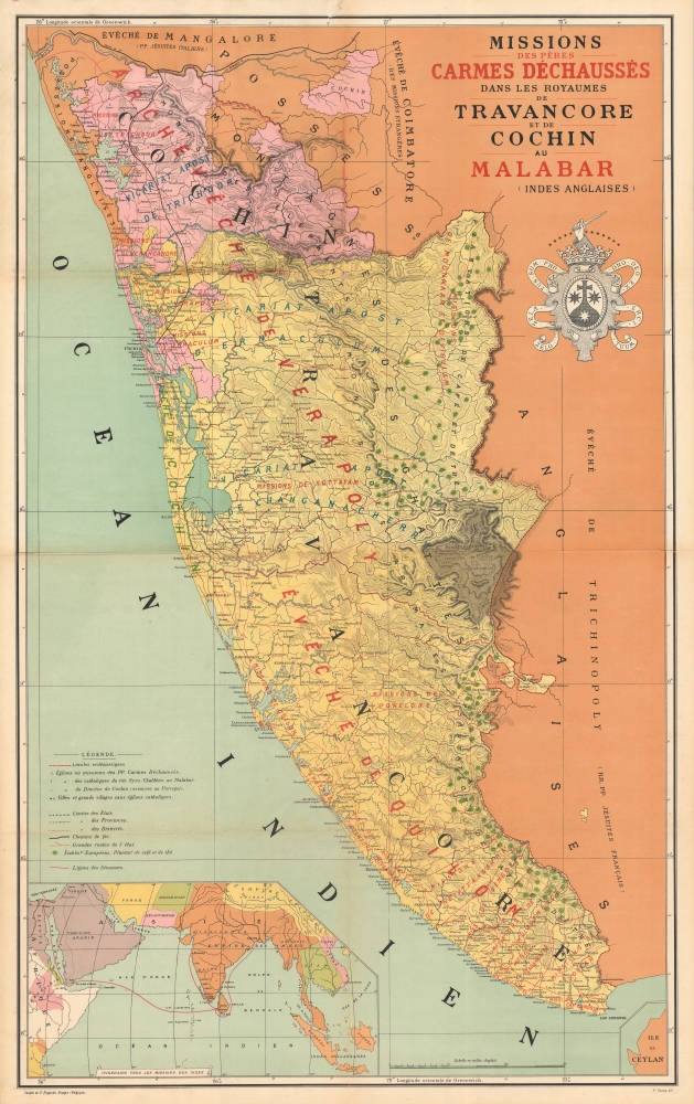 Carte des missions des pères Carmes Déchaussés dans les Royames de Travancore et de Cochin au Malabar (Indes Anglaises). - Main View