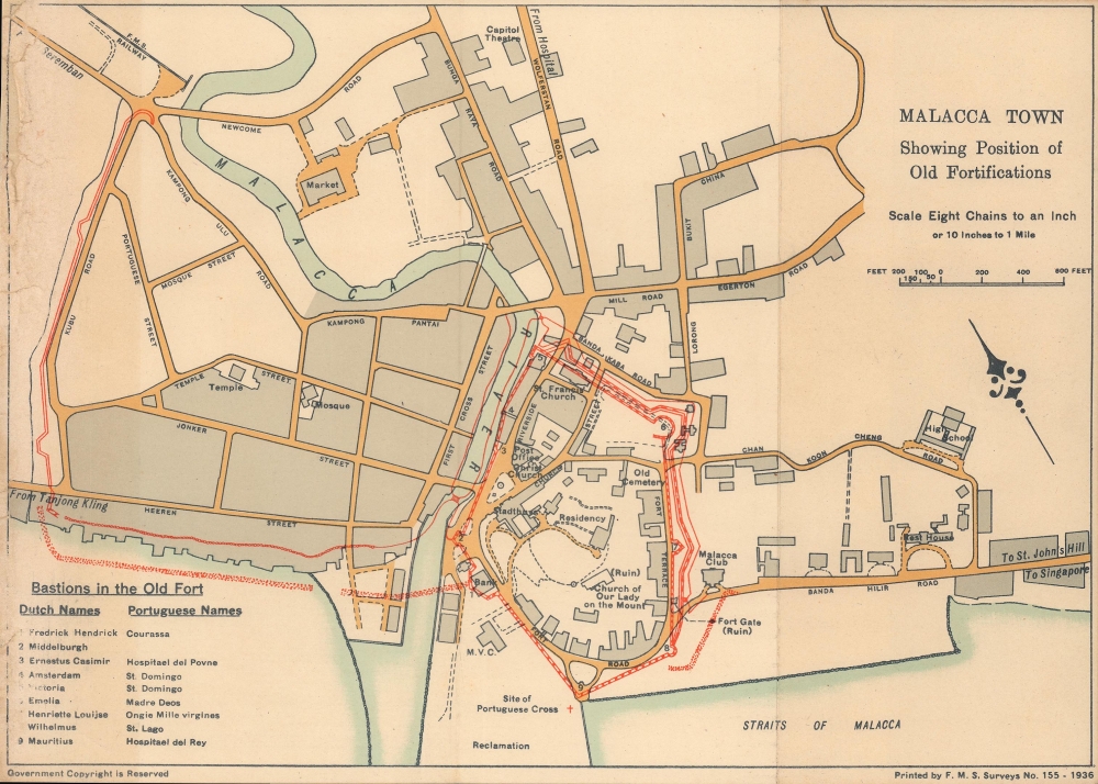Malacca town, Showing position of old fortifications. - Main View