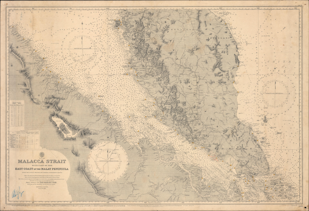 1929 Admiralty Nautical Chart / Map of Singapore, Malaya, Malacca Strait