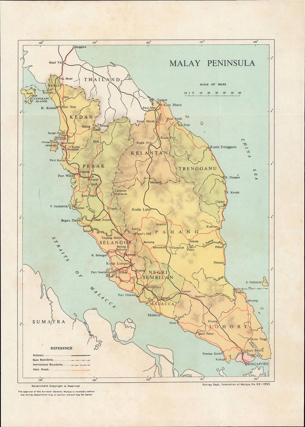1955 Survey Department Map of Malay Peninsula, Malaysia, Singapore