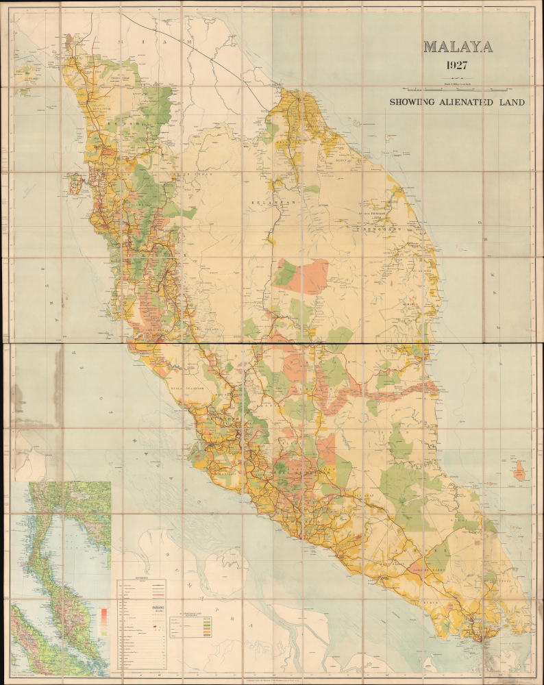 1927 F.M.S. Surveys Folding Wall Land Map of British Malaya