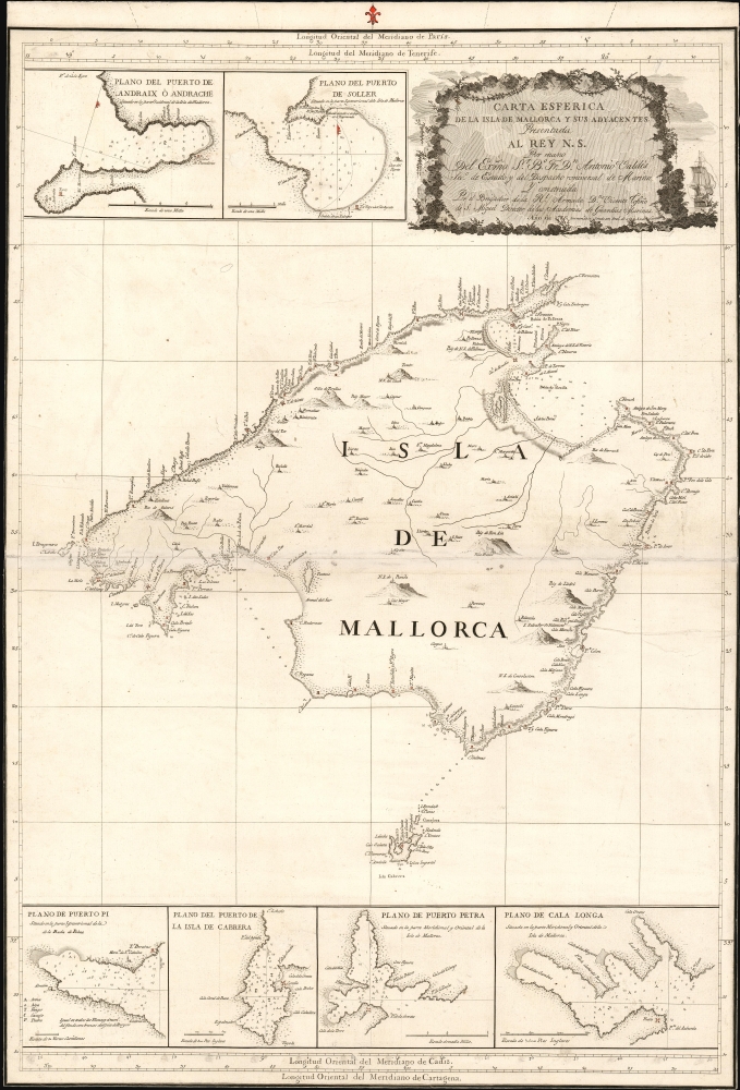 Carta Esferica de la Isla de Mallorca y sus adyacentes.  Presentada al Rey N. S. por mano de... Antonio Valdés y construida por... Dn. Vicente Tofiño de S. Miguel, año 1786. - Main View