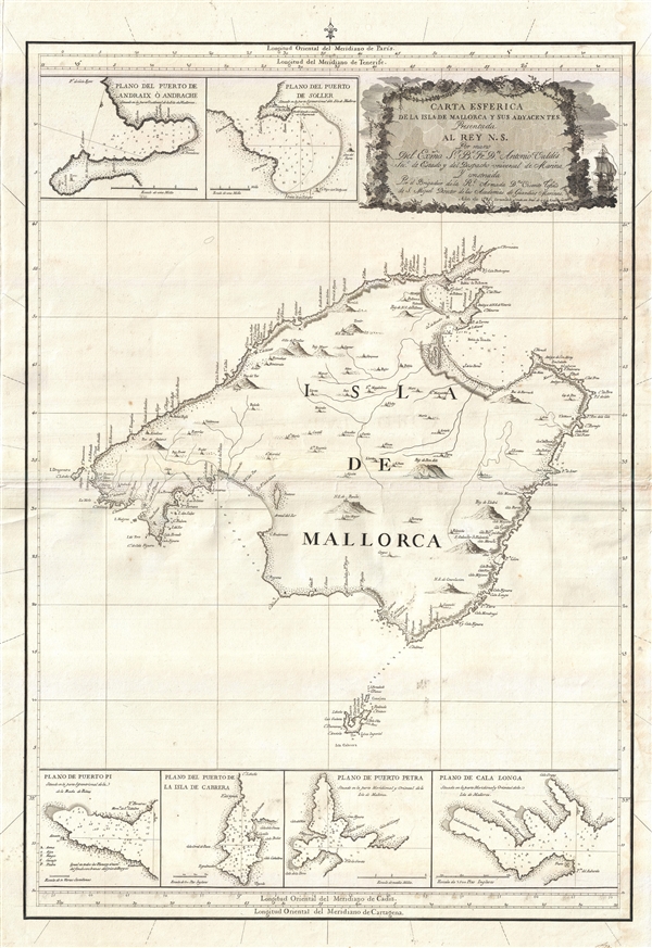 Carta Esferica de la Isla de Mallorca y sus adyacentes.  Presentada al Rey N. S. por mano de... Antonio Valdés y construida por... Dn. Vicente Tofiño de S. Miguel, año 1786. - Main View