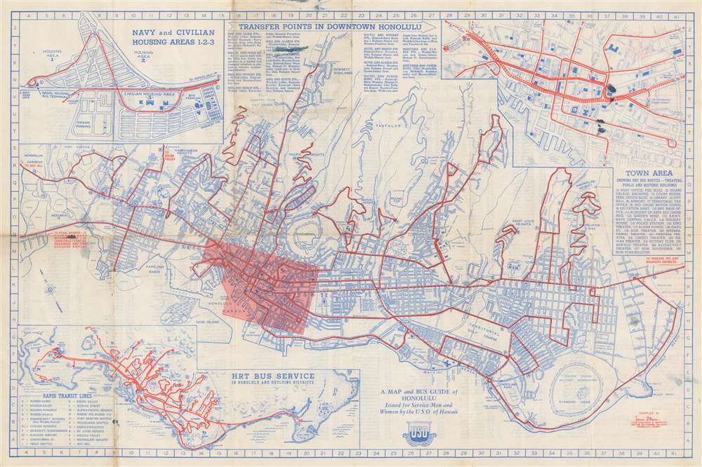 A Map and Bus Guide of Honolulu Issued for Service Men and Women by the USO of Hawaii. - Main View
