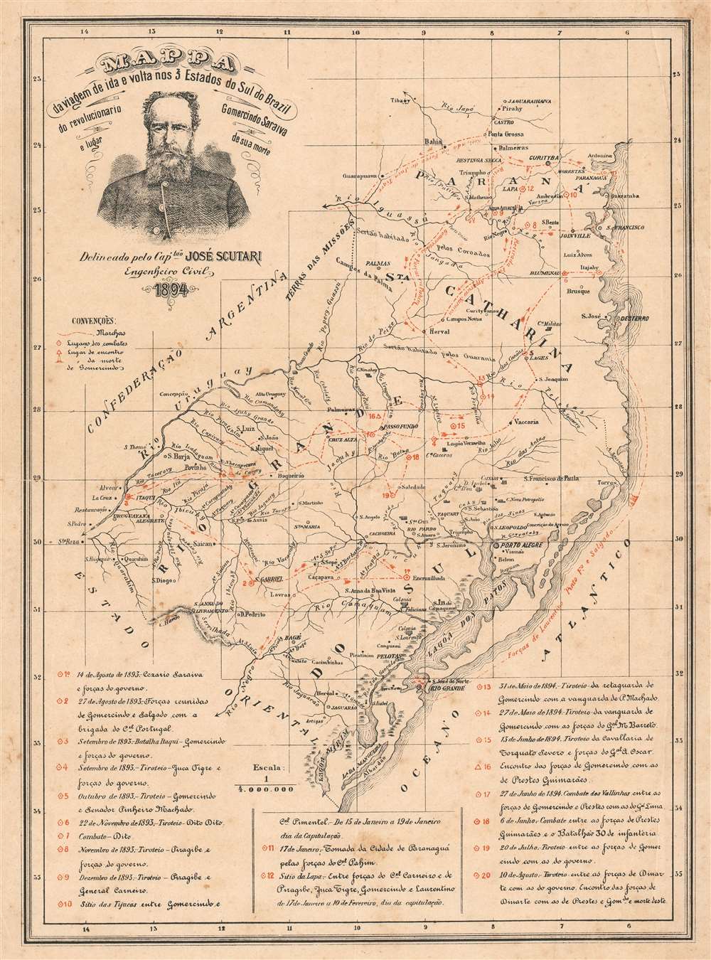 Mappa da viagem de ida e volta nos 3 Estados do Sul do Brazil do revolucionario Gomercindo Saraiva e lugar de sua morte. - Main View