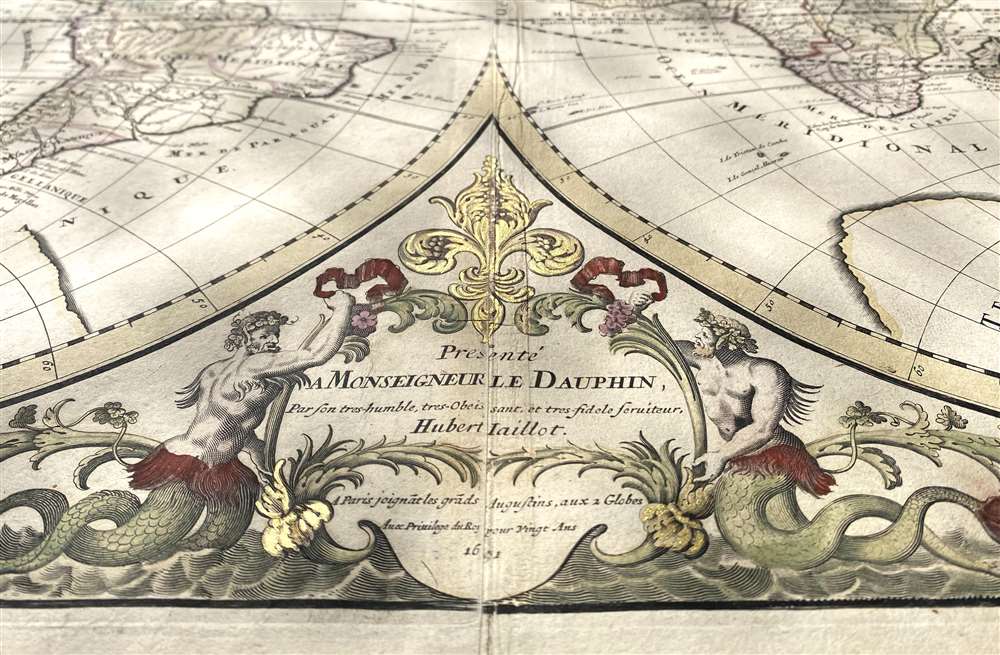 Mappe-monde Geo-Hydrographique ou Description Generale du Globe Terrestre et Aquatique en Deux-Plans-Hemipsheres ou son Exactement Remarquees en General Toutes les Parties de la Terre et de L'Eau, suivant les Relations les plus Nouvelles, par le S. Sanson Geographe Ordinaire du Roy. - Alternate View 4