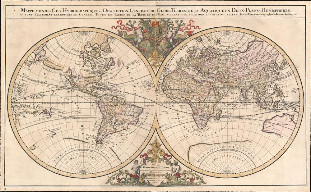 Mappe-monde Geo-Hydrographique ou Description Generale du Globe Terrestre et Aquatique en Deux-Plans-Hemipsheres ou son Exactement Remarquees en General Toutes les Parties de la Terre et de L'Eau, suivant les Relations les plus Nouvelles, par le S. Sanson Geographe Ordinaire du Roy. - Main View