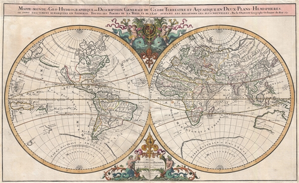 Mappe-monde Geo-Hydrographique ou Description Generale du Globe Terrestre et Aquatique en Deux-Plans-Hemipsheres ou son Exactement Remarquees en General Toutes les Parties de la Terre et de L'Eau, suivant les Relations les plus Nouvelles, par le S. Sanson Geographe Ordinaire du Roy. - Main View