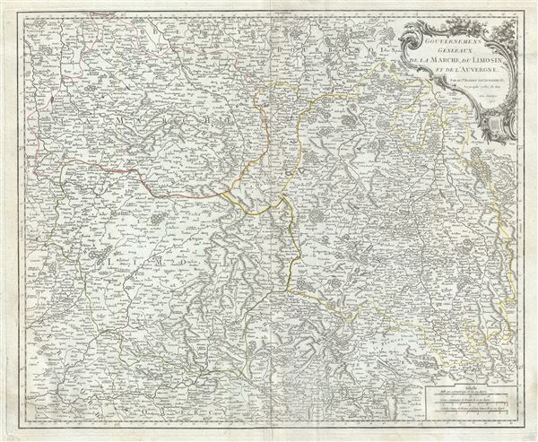 1753 Vaugondy Map of the Limousin, Marche and Auvergne Regions in France