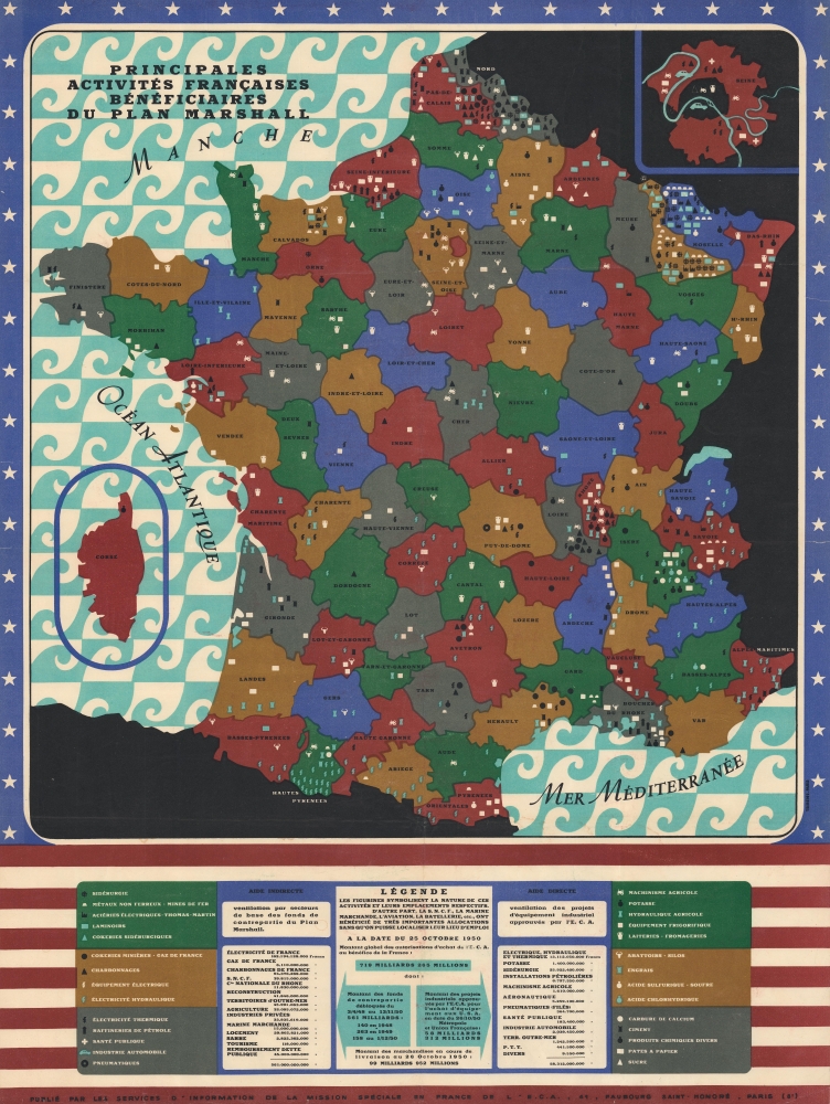 1950 Infographic Map of France and the Marshall Plan