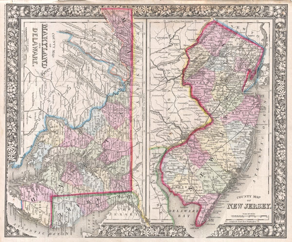 County Map of New Jersey.  County Map of Maryland and Delaware. - Main View