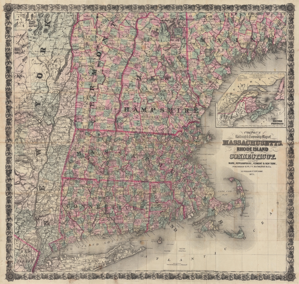 Colton's Railroad and Township Map of Massachusetts, Rhode Island, and Connecticut, with Parts of Maine, New Hampshire, Vermont, and New York. - Main View