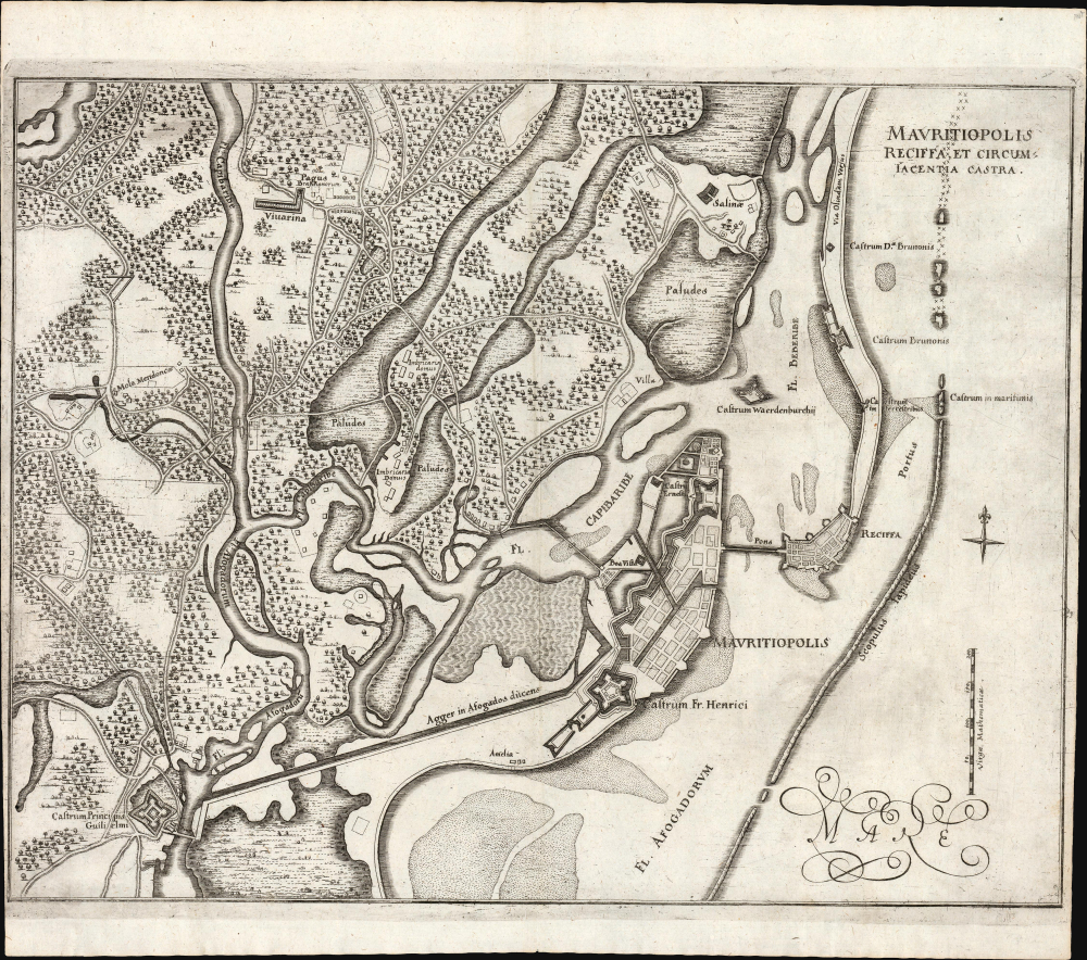 1647 Joan Blaeu Plan of Mauritiopolis and Recife, Brazil