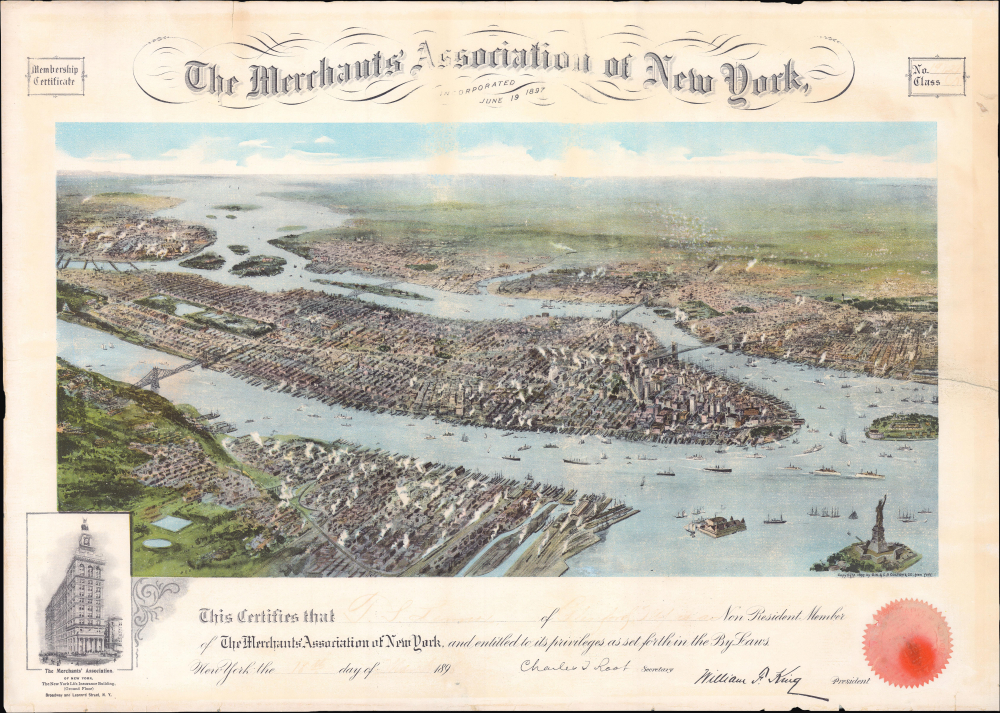 1897 Merchants Association of New York Certificate and New York City View