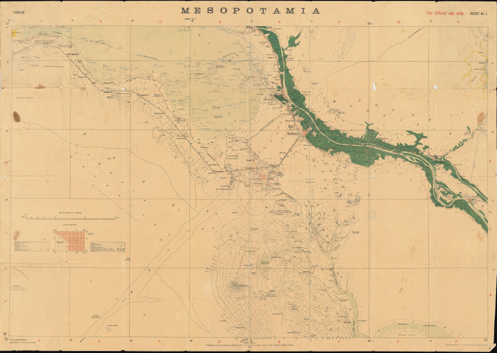 1917 Survey of India Map of Basra and Environs, Iraq, World War I