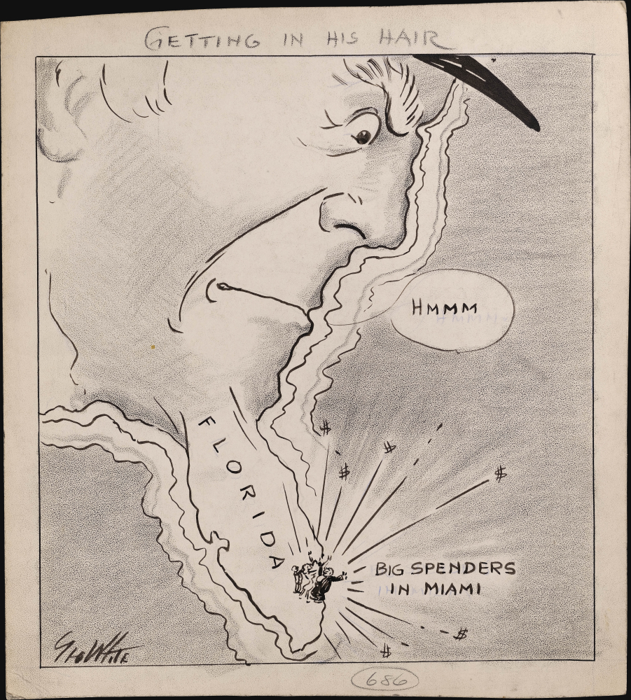 1945 White Manuscript Political Cartoon, Tax Evasion Scandal, South Florida