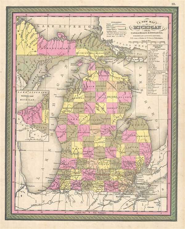A New Map of Michigan with its Canals, Roads & Distances. - Main View