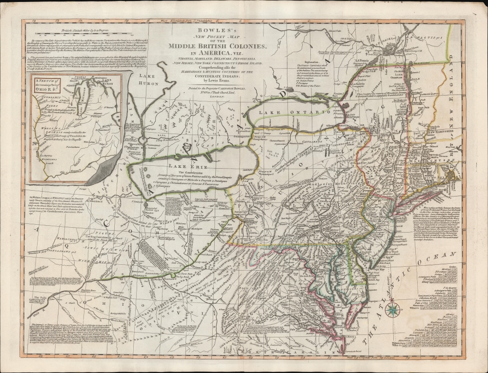 Bowles's New Pocket Map of the Middle British Colonies, in America, Vis. Virginia, Maryland, Delaware, Pensylvaia, New Jersey, New York, Connecticut and RHode Island. COmprending also the Habitations and Hunting Countries of the Confederate Indians: by Lewis Evans. - Main View