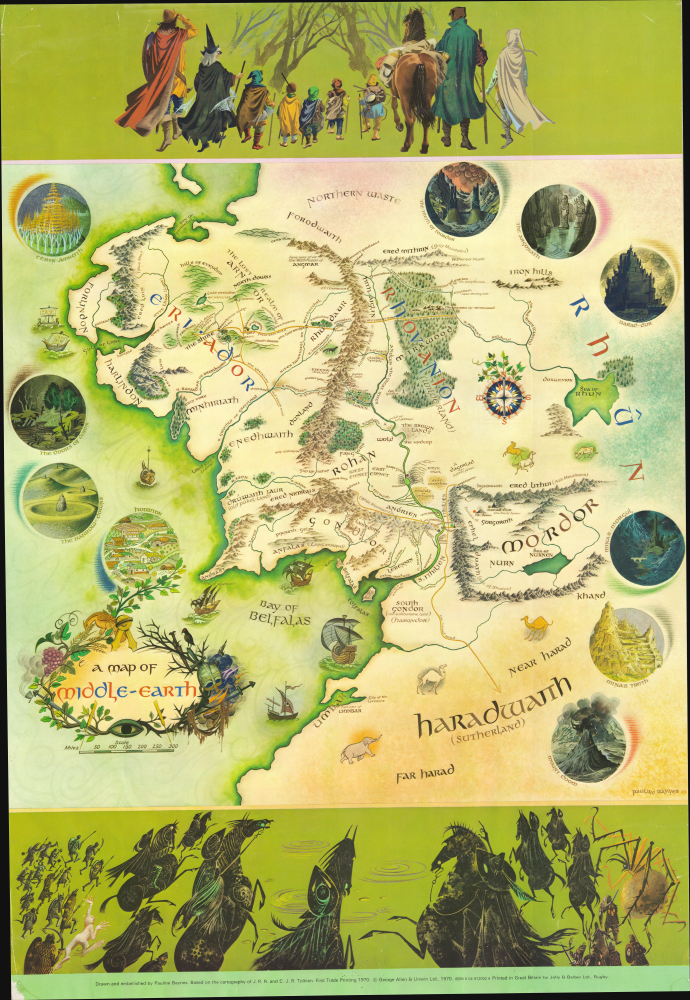 1970 Baynes Map of Middle Earth for Tolkien's 'Lord of the Rings' (First Trade Printing)