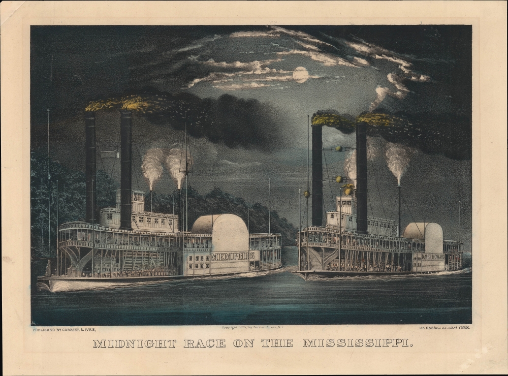1875 Currier and Ives View of Steamboat Racing on the Mississippi River
