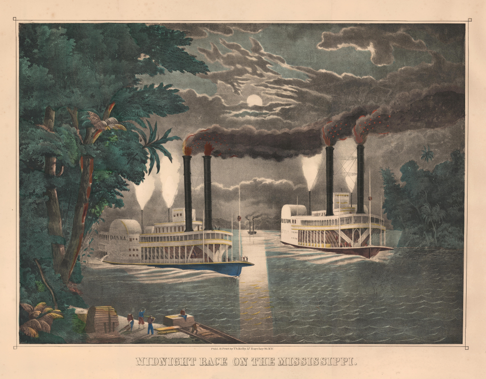 1865 Kelly View of Steamboat Racing on the Mississippi River
