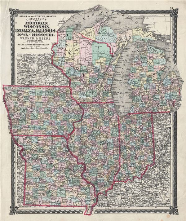 County Map of Michigan, Wisconsin, Indiana, Illinois, Iowa and Missouri. - Main View