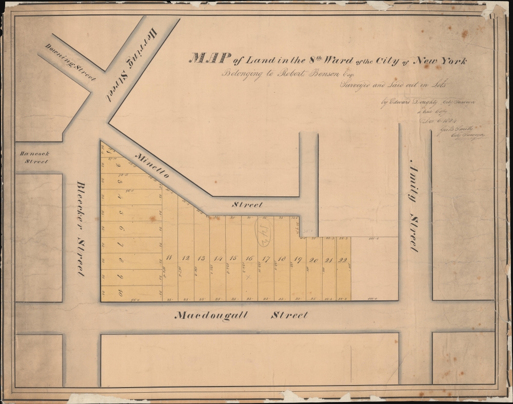 Map of Land in the 8th Ward of the City of New York Belonging to Robert Benson Esqr. Surveyed and Laid out in Lots by Edward Doughty, City Survey a true Copy Dec 6 1824 Geo B Smith City Surveyor. - Main View