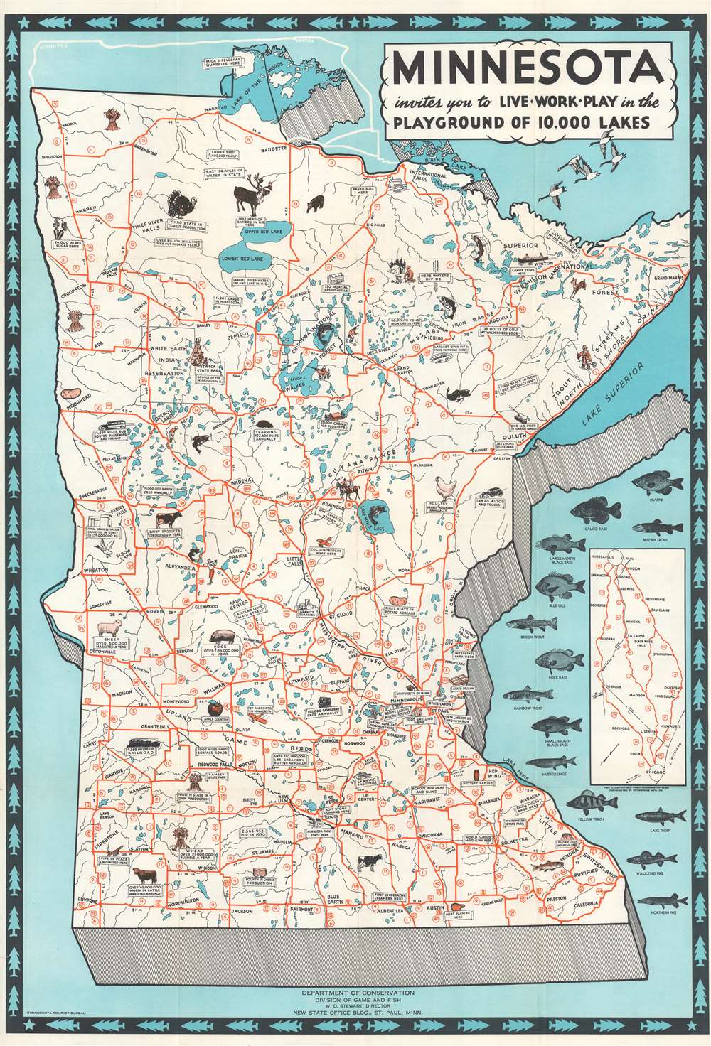 1935 Minnesota Tourist Bureau Pictorial Tourist Map of Minnesota