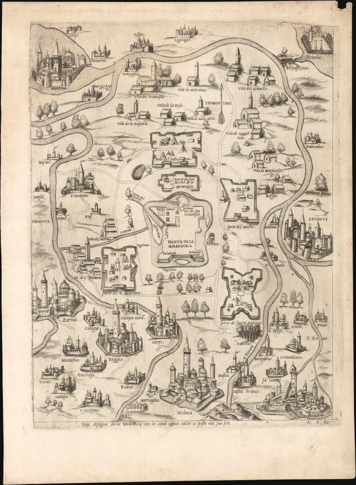 1551 Salamanca Map of Mirandola, Italy (Venice, Bologna, Mantua, Parma, Ferrara, Modena)