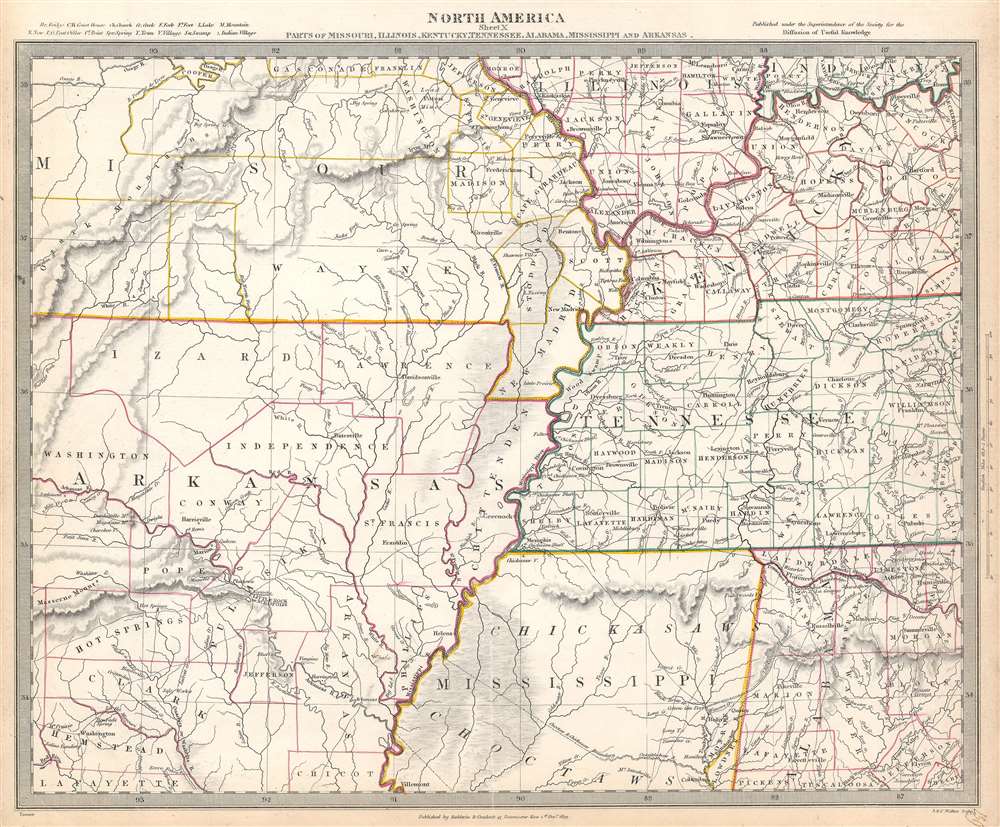 1833 S.D.U.K. Map of Missouri, Arkansas, Tennessee, Alabama and Mississippi