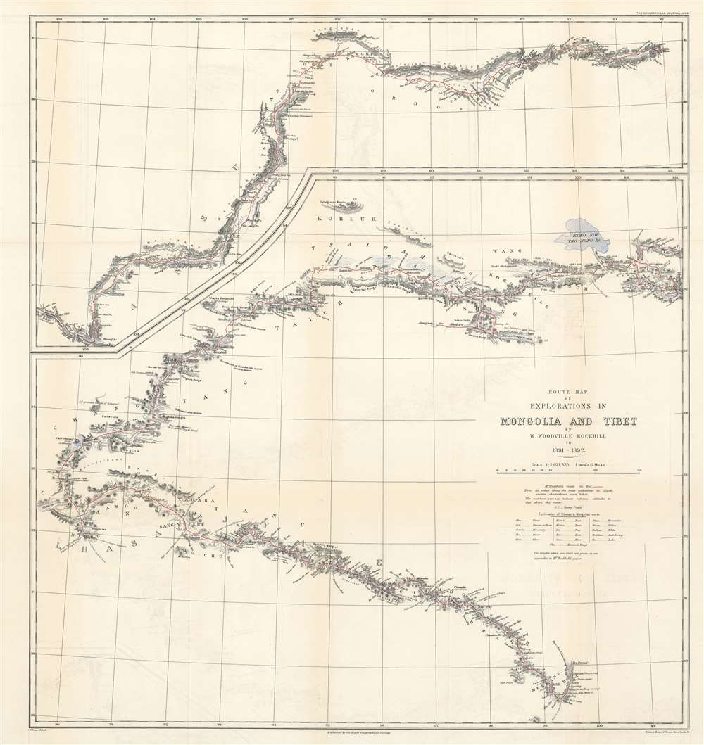 Route Map of Explorations in Mongolia and Tibet by W. Woodville Rockhill in 1891 - 1892. - Main View