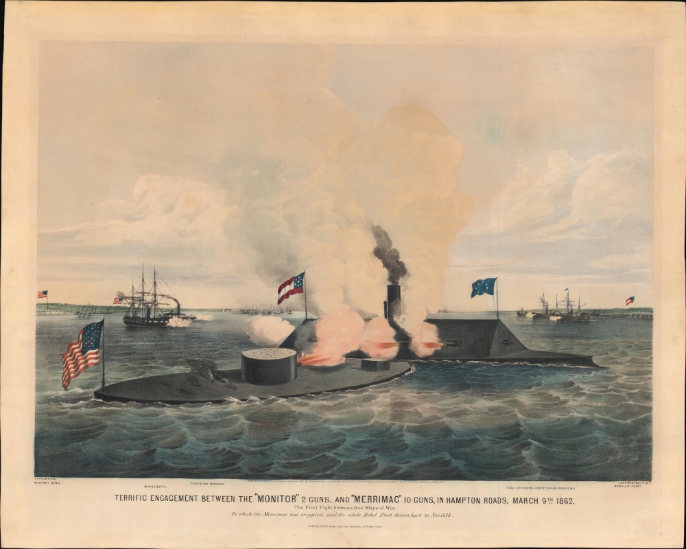 Terrific Engagement Between the 'Monitor' 2 guns, and 'Merrimac' 10 guns, in Hampton Roads, March 9th 1862. The First Fight between Iron Ships of War. In which the Merrimac was ripped, and the whole Rebel Fleet driven back to Norfolk. - Main View