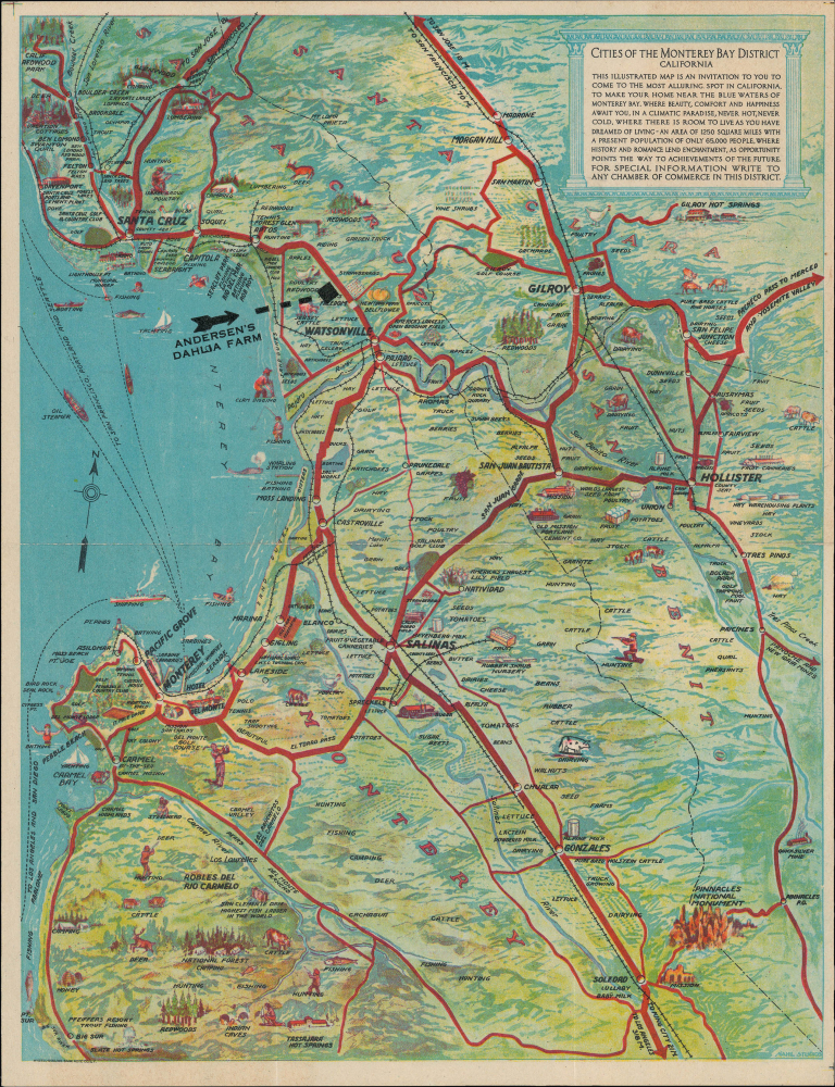 1945 Nahl Pictorial Map of Monterey Bay and Environs, California