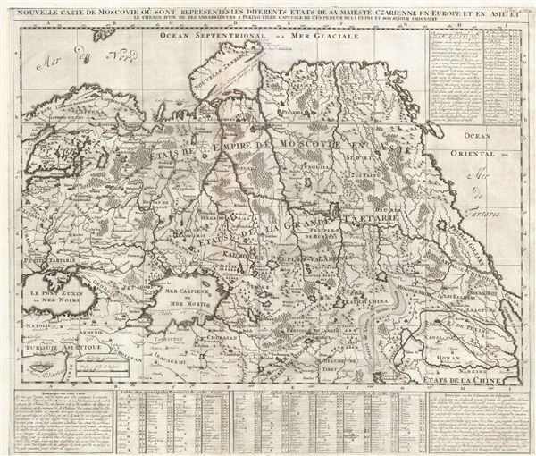 Nouvelle Carte De Moscovie Ou Sont Representes Les Differents Etats De Sa Mateste Czarienne En Europe Et En Asie Et Le Chemin D'un De Ses Ambassadeurs A Peking Ville Capitale De L'Empereur De La Chine Et Son Sejour Ordinaire. - Main View