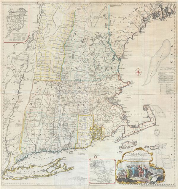 A Map of the most Inhabited part of New England containing the Provinces of Massachusets Bay and New Hampshire, with the Colonies of Connecticut and Rhode Island, divided into Counties and Townships:  The whole composed form Actual Surveys and its Situation adjusted by Astronomical Observations. - Main View