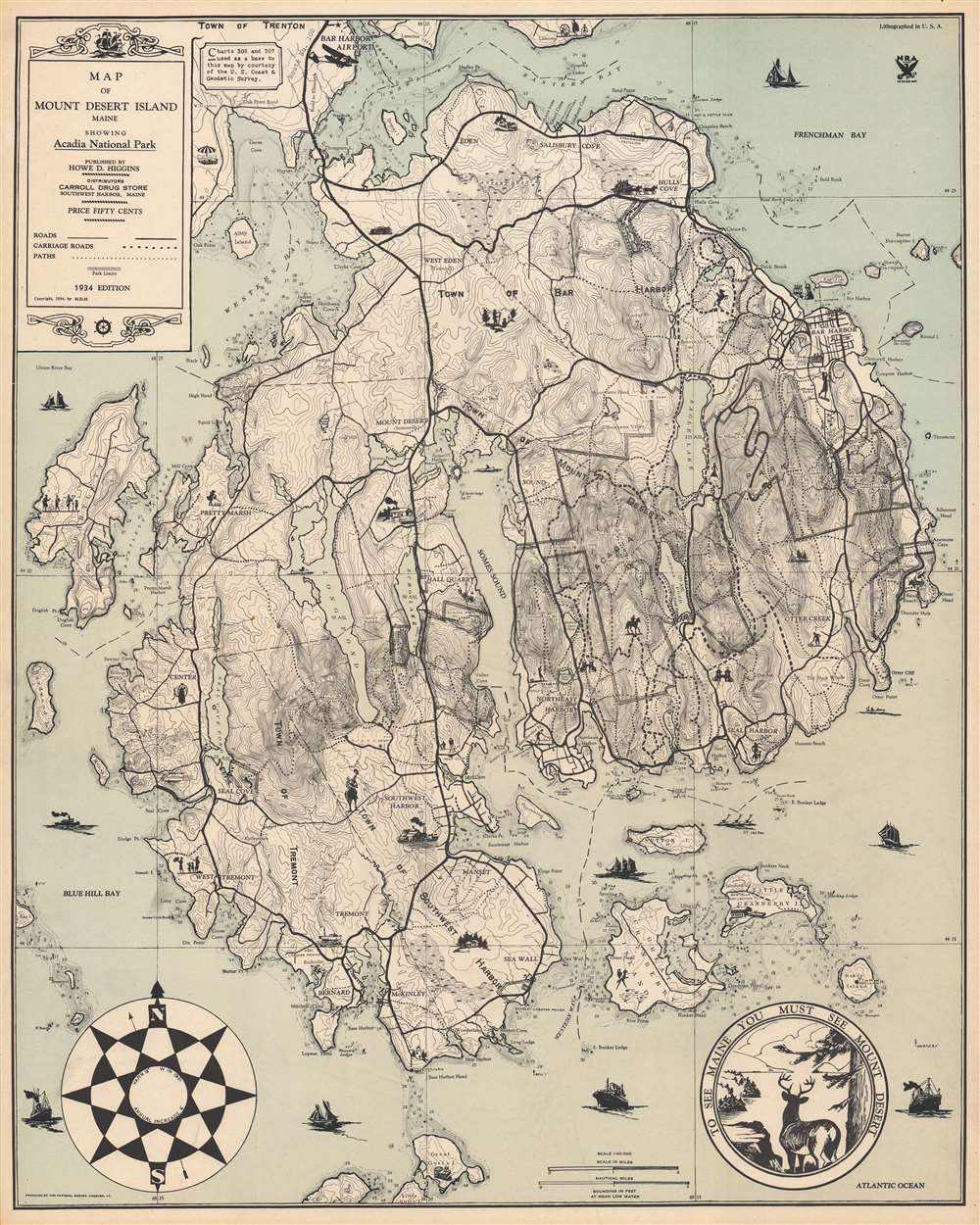 Map of Mount Desert Island Maine Showing Acadia National Park. - Main View