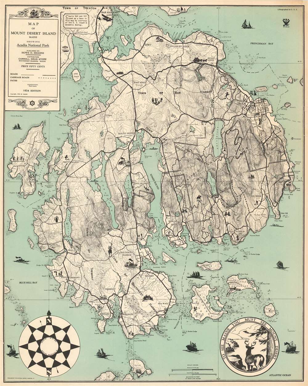 Map of Mount Desert Island Maine Showing Acadia  National Park. - Main View