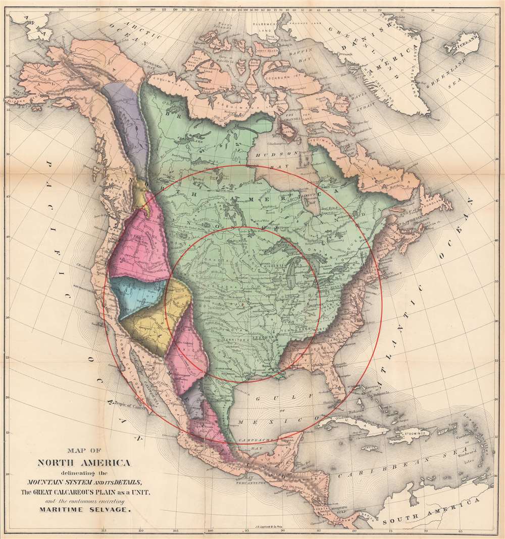 Map of North America delineating the Mountain System and its Details, the Great Calcareous Plain as a Unit, and the continuous encircling Maritime Selvage. - Main View